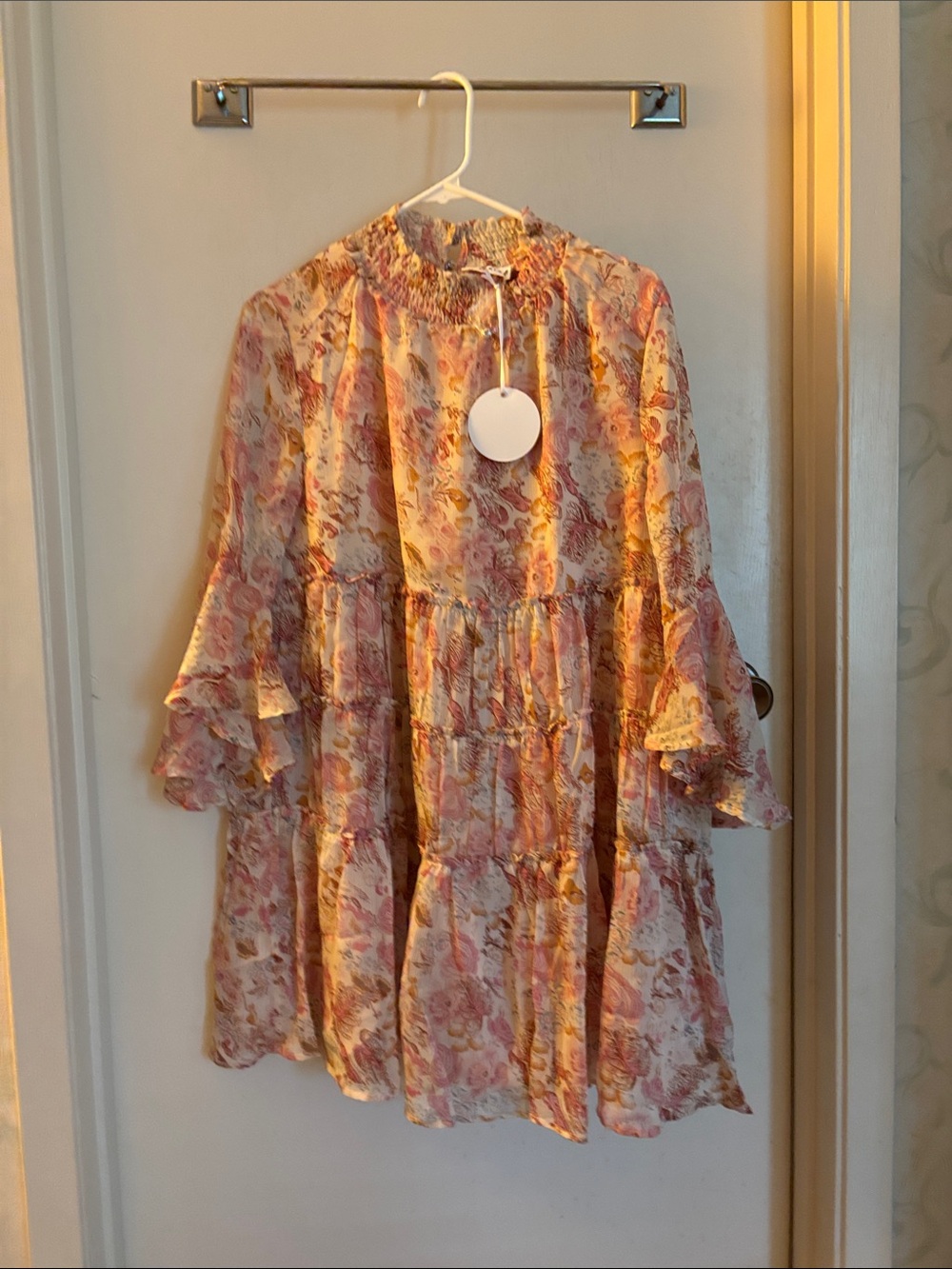 Storia Floral Tiered Long Sleeve Ruffle Dress in Pink and Cream